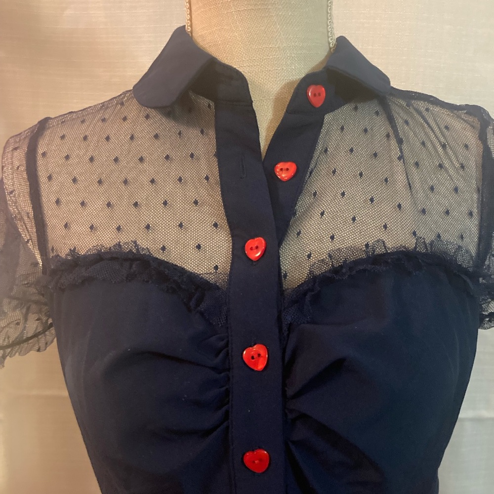 Navy blue blouse with red heart buttons great condition - Picture 2 of 3